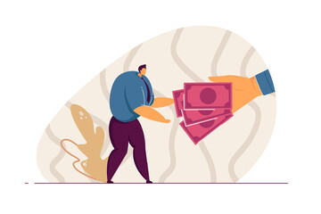 Giant hand giving cash to office worker. Male character taking money flat vector illustration. Salary, income, finances, wealth, profit concept for banner, website design or landing web page
