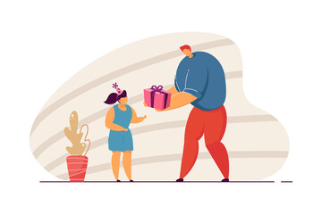 Father giving birthday present to daughter. Cartoon man with box, girl wearing party hat flat vector illustration. Family, birthday, parenting concept for banner, website design or landing web page