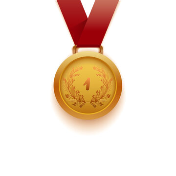 Gold medal with red ribbon, isolated on white, vector illustration