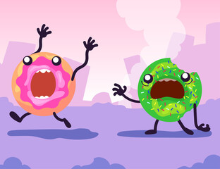 Colorful glazed doughnuts running away in panic. Cartoon vector illustration. Afraid and bitten donuts escaping in shock and horror. Dessert, snack, food, eating, fantasy, fright concept for design