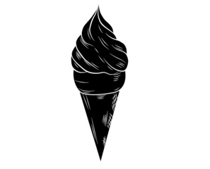 Black silhouette Realistic ice cream with a waffle tube on a white background with frosting. Vector illustration.