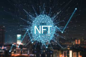 Concept cryptographic NFT. Blockchain network, cryptographic non-fungible tokens. NFT with a network and a growing schedule, search. New technologies, financial schedule, future concept