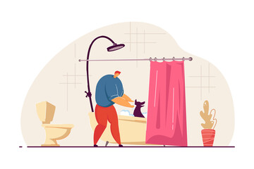 Man washing dog in bathtub. Male cartoon character cleaning pet after walk in bathroom flat vector illustration. Pets, domestic animals concept for banner, website design or landing web page