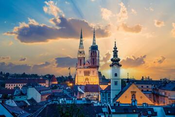 Fototapeta na wymiar Cityscape view of the Zagreb Capital of Croatia at sunset with the famous Roman historical Cathedral