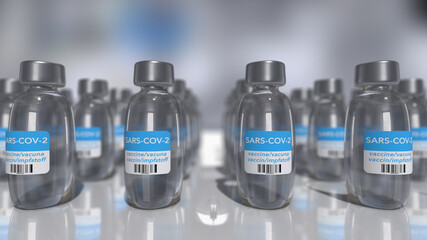 3d illustration of covid-19 vaccine bottles.