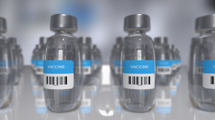 3d illustration of blurred ampoules with coronavirus vaccine.