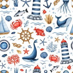 Watercolor Nautical seamless pattern. Hand drawn Lighthouse, Sailboat, Ship Equipment, Whale. Underwater Animal, Seaweed, Coral, Shell. Sea Life. Maritime background for print fabric, textile, package