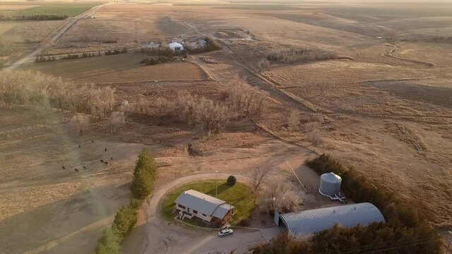 Aerial Shot Of Beautiful View Of Ploughed Field On Sunny Day, Structures Over Landscape Against Clear Sky - Oakley, Kansas