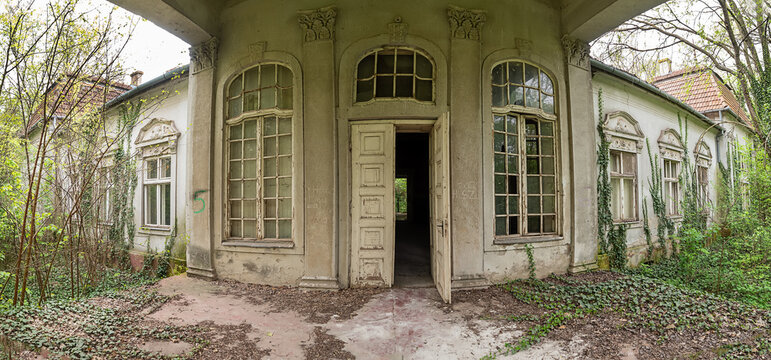 Becej, Serbia - May 01, 2021: The summer house of the noble family Gombos left to the ravages of time. It was built at the beginning of the 20th century