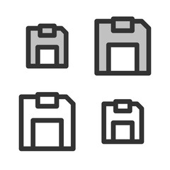 Pixel-perfect linear icon of a floppy disk built on two base grids of 32 x 32 and 24 x 24 pixels. The initial base line weight is 2 pixels. In two-color and one-color versions. Editable strokes