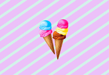 ice-cream on a geometric background of mint and lavender flowers