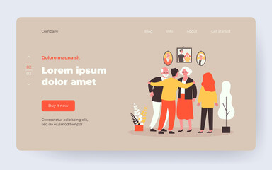 Siblings talking to parents in front of family portraits. Man hugging parents, happy family flat vector illustration. Family portraits, reunion concept for banner, website design or landing web page