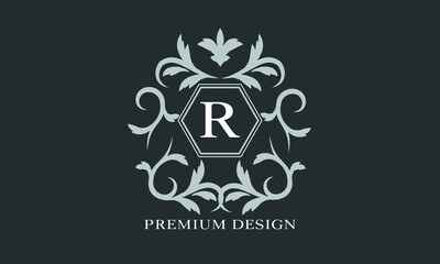 Premium linear logo. Monogram with letter R. Elegant icon. Luxury alphabet frame symbol.