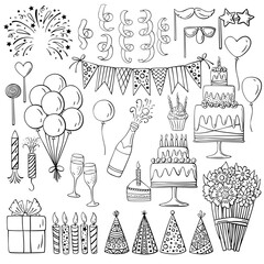Set of hand-drawn Birthday and celebrations images. Happy Birthday doodle illustration .