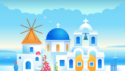 Santorini. Greece. Buildings of Greek architecture with the Aegean Sea. Traditional Greek white houses with blue roofs and a mill with flowers and greenery. Vector flat illustration.