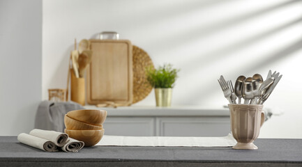 Desk of free space and kitchen interior 