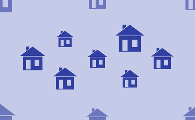 Seamless pattern of large isolated blue house symbols. The pattern is divided by a line of elements of lighter tones. Vector illustration on light blue background