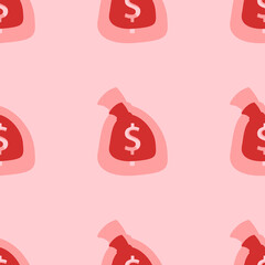 Seamless pattern of large isolated red bag of money symbols. The elements are evenly spaced. Vector illustration on light red background