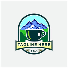 Green tea cup logo design with mountain background