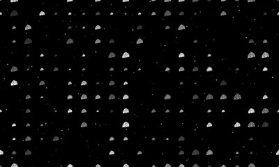 Seamless background pattern of evenly spaced white cheese symbols of different sizes and opacity. Vector illustration on black background with stars