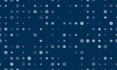Seamless background pattern of evenly spaced white beach ball symbols of different sizes and opacity. Vector illustration on dark blue background with stars