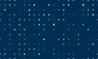 Seamless background pattern of evenly spaced white plane symbols of different sizes and opacity. Vector illustration on dark blue background with stars - obrazy, fototapety, plakaty