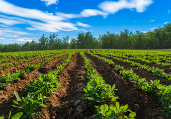 Landscape of peanuts plantation in countryside Thailand in day with blue sky, industrial agriculture