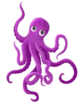 Cartoon drawing of an octopus with cute big eyes. Textured drawing of a marine life. Textured purple octopus with eyes