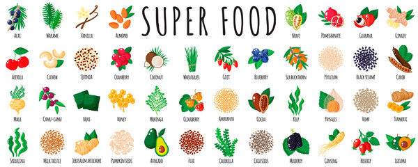 Large healthy super food set as acai, quinoa, goji, chia, maca, spirulina, mulberry, cocoa, sesame, hemp, turmeric.