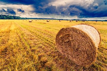 Haystack in the field before the storm, close up view