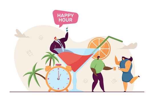 Tiny characters celebrating promotion in pub or restaurant. Businessman in huge glass flat vector illustration. Happy hour, alcohol, party concept for banner, website design or landing web page
