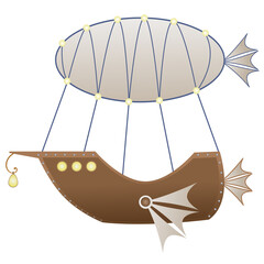 Steampunk airship or dirigible in cartoon style. Air vintage transport, flat vector illustration