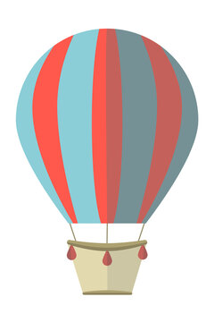 Hot air balloon with blue and red stripes. Flat vector illustration, simple cartoon design