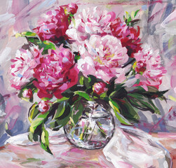 A bouquet of pink peonies in a glass vase on a table. Acrylic painting card for design and print. Flowers hand draw contemporary artwork. © MargaritaSh