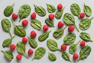 Creative layot from fresh raspberry and spinach leaves on modern gray background