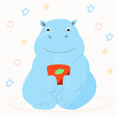 A blue hippo is drinking a hot drink from a red mug.