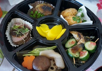 Rich Japanese cuisine with vegetables and meat