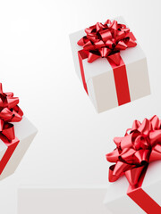 Minimal product background for Christmas, New year and sale event concept. White gift box with red ribbon bow on white background. 3d render illustration. Clipping path of each element included.