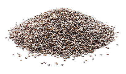 Heap of chia seeds. Isolated on white background. Macro close-up. With copy space.