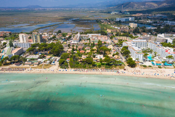 An aerial panoramic view on Playa de Muro beach on Mallorca island in Spain