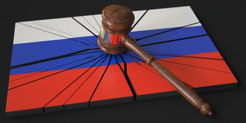 Judge's gavel and broken block with flag of Russia. Conceptual 3d rendering - obrazy, fototapety, plakaty