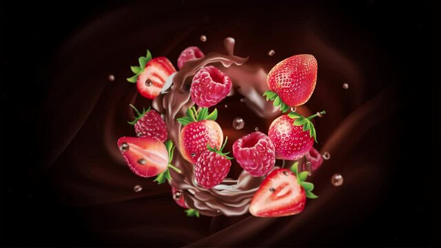 Animation of chocolate covered strawberries and raspberries.