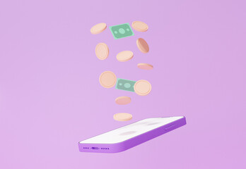 3D rendering Online payments coin and Banknotes money floating on smartphone blank white screen transaction concept. payment Internet banking on Purple background cartoon style illustration