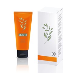 Cosmetic packaging, plastic tube. Sun cream, balm, cosmetic cream with cardboard packaging. Design template in orange.