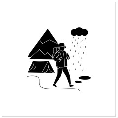 Friluftsliv glyph icon. Hiking. Snowy weather. Man walking. Mountain winter landscape.Nordic outdoor activities concept.Filled flat sign. Isolated silhouette vector illustration