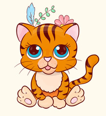 Cute tiger character made in cartoon style. Wild baby cat with big blue eyes isolated on warm background. Adorable animal kid. Vector illustration.