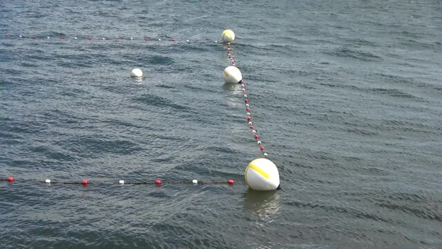 Multiple white marking buoys at the water surface of the baltic sea moving on small waves