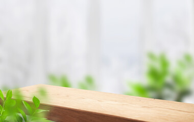 empty wooden table on background of abstract blur white interior, montage, product display, inside and window..