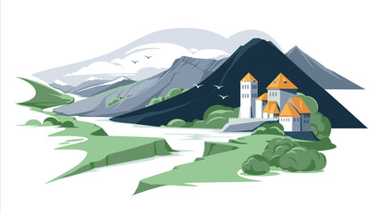 roman style mountain castle in summer landscape. Europe, france, German, Gerorgia flat colorful illustration - obrazy, fototapety, plakaty