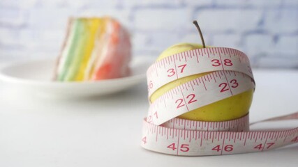 measuring tape wrapped around a green apple and a bakery cake on background  - Powered by Adobe